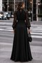 Women's long sleeve turtleneck dress with drop detail, belted waist, and slit - janjan crepe - 3