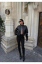 Black Stand Collar Corset Leather Jacket - 5