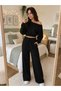 Women's Black Basic Oversize Boat Neck 100% Cotton Bottom-Top Tracksuit Set - 2