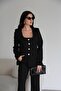 Open Collar Stone Buttoned Padded Black Blazer Jacket - 3