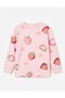 Girl's Strawberry Patterned 100% Cotton Pink Pajama Set - 4