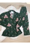 Dark Green Cute Teddy Bear Patterned Suede Shirt Collar Long Sleeve Pajama Set - 6