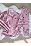 Burgundy Striped and Heart Patterned Suede Shirt Collar Long Sleeve Pajama Set - 6