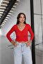Red V-Neck Gathered Front Blouse - 2