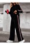 Women's Long Sleeve Crew Neck Stripe Detailed Viscose Two-Thread Blouse and Trousers Two-Piece Set