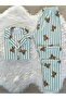 Green Striped Teddy Bear Patterned Suede Shirt Collar Long Sleeve Pajama Set
