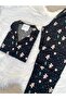 Black Cookie Man Patterned Suede Shirt Collar Long Sleeve Pajama Set - 5