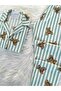Green Striped Teddy Bear Patterned Suede Shirt Collar Long Sleeve Pajama Set - 5