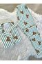 Green Striped Teddy Bear Patterned Suede Shirt Collar Long Sleeve Pajama Set - 2