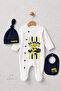 Baby 3-Piece Romper Set Yellow Navy Blue Fan Themed "I'M Ready for My First Match" Printed Newborn Romper Beanie Bib 100% Cotton - 4