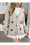 Women's Cherry Pattern Embroidered V-Neck Buttoned Oversize Long Sleeve Knitwear Cardigan - 2