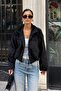 Women's Black Stand Collar Faux Fur Jacket - 5
