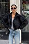 Women's Black Stand Collar Faux Fur Jacket - 4