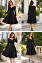 Timeless Elegance Women's Double Breasted Collar Pleated Long Sleeve Flared Midi Crepe Dress - 5