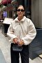 Women's Beige Stand Collar Faux Fur Jacket - 5