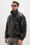 Zippered Stand Collar Faux Leather Coat - 7