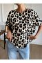 Women's Short Sleeve Crew Neck Leopard Single Jersey Blouse with Bow Detail on the Back - 2