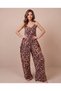 Women's Rope Strap V-Neck Leopard Patterned Oversize Wide Leg Pocket Detailed Loose Jumpsuit - 4