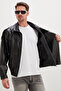 Zippered Stand Collar Faux Leather Coat - 5