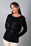 Women's Round Neck Long Sleeve Blouse with Rose Accessories on the Front - 3