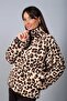 Women's Stand Collar Zippered Leopard Pattern Plush Sweatshirt with Pockets