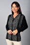 Women's V-Neck Long Sleeve Blouse with Leather Detail on the Collar and Front - 2
