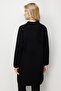 Women's Stand Collar Skirted Floral Buttoned Long Wool Coat Black - 5