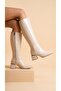 Women's Below the Knee Cream Heeled Shiny Detailed Zippered Leather Look Long Boots - 2