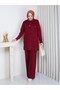 Knitwear Polo Collar Two-Piece Set with Trousers Claret Red - 2