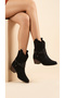 Handmade Pointed Metal Detailed Heeled Suede Women's Short Pull-On Cowboy Boots - 4