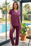 Women's Patterned Short Sleeve Bamboo Fabric Pajama Set 240128 Plum