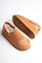 Women's Tan Suede Winter Slippers with Fur Inside and Back Strap, 5cm Thick Sole Sabo Slippers - 8