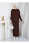 Knitwear Collar and Stone-Embellished Skirt Two-Piece Set Brown - 2