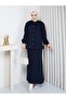 Knitwear Set with Gathered Front, Balloon Sleeves and Skirt, Navy Blue - 2