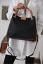 Women's Hand and Shoulder Bag with Embossed Logo, Double Strap and Flap, Stylish Bucket Bag in Black-Tan - 2