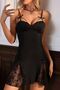 Women's Black Lace Detailed Stone Strap Bow Mini Nightgown - 4