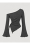 Anthracite One-Shoulder Ribbed Knitwear Blouse, Side Gathered Spanish Sleeve Asymmetrical Cut Women's Anthracite Gray Blouse - 6