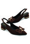 Coffee Satin Short Heel Galvano Detailed Pointed Toe Stylish Bow - 6
