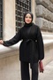 Women's Hijab Knitwear Two-Piece Set - Belted Cardigan and Wide-Legged Pants with Shawl Collar