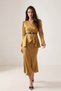 Mustard Belt Detailed Long Sleeve Midi Dress