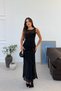 Women's Black Sequin Embroidered Tulle Waist-Tie Sleeveless Long Evening Dress - 4