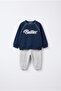 Baby Cotton Butter Printed Navy Blue Sweatshirt and Gray Sweatpants Set