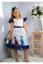 Printed and Buckle-Decorated Birthday Party Dress in White and Navy Blue - 3