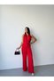 Red Tie-Front Patterned Satin Jumpsuit - 3