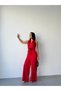 Red Tie-Front Patterned Satin Jumpsuit - 4