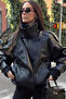 High Collar Asymmetrical Model Lined Textured Leather Jacket - 3