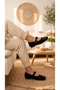 Women's Black Rabbit Fur Buckle Casual Ballerinas 1 cm Byndtav01 - 2