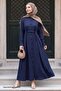 Dark Navy Blue Robe Dress with Belt and Buttons - 3