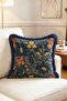 William Morris Style Floral Botanical Iris Motif Luxury Fringed Throw Pillow Cover - 2