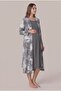 Women's Gray Lace Long Sleeve Patterned Maternity Nightgown Set with Easy Breastfeeding Dressing Gown - 4
